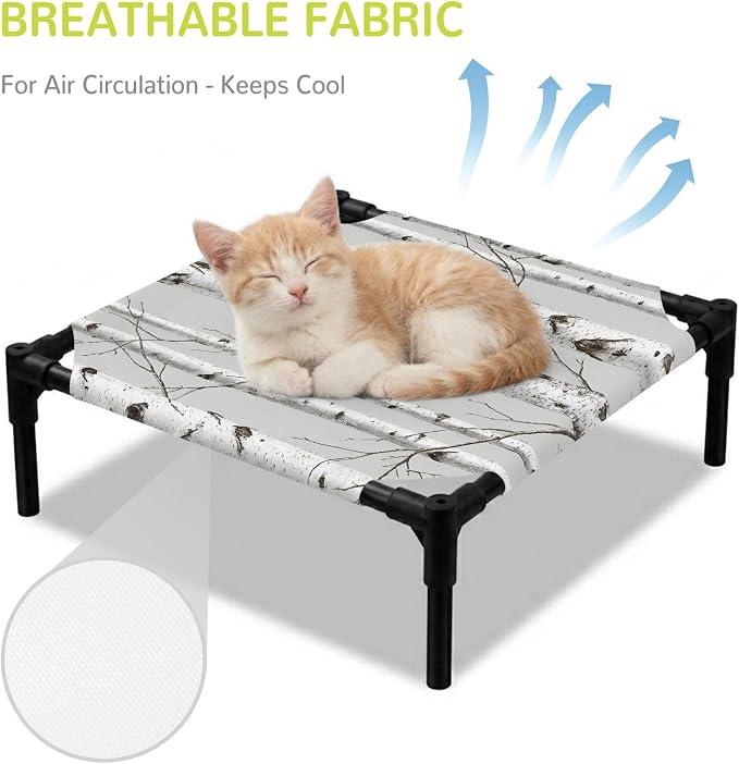 Outdoor Elevated Dog Bed for Small Dogs, White Branch Breathable Cooling Raised Dog Cot for Indoor/Outdoor, Natural Tree Forest Country Mottled Trunk Plants Waterproof Elevated Pet Beds, S 20 x 20 in