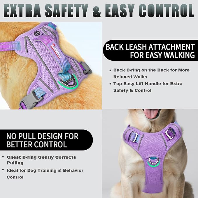 BARKBAY No Pull Dog Harness Large Reflective Dog Harness with Front Clip and Easy Control Handle for Walking Training Running with ID tag Pocket(Lavender Sky,M)