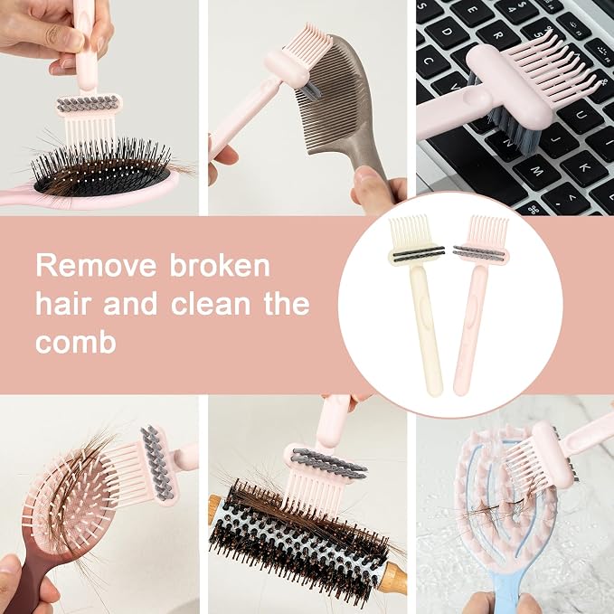 RHOS 2-in-1 Hair Brush Cleaner and Remover Tool - Comb for Removing Hair and Dust, Suitable for Home and Salon Use (2 Pack - Pink)
