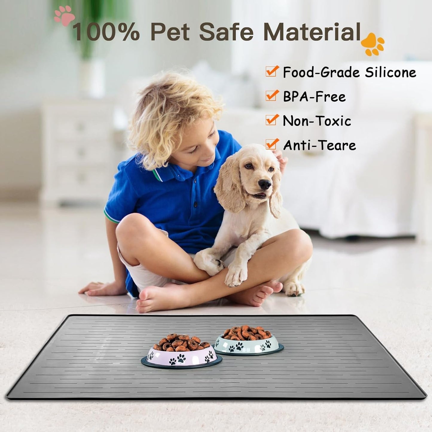 Large Dog Mats for Food and Water, 40"x30" Waterproof Pet Food Mats for Floor Nonslip Silicone Bowl Mats with Raised Edges