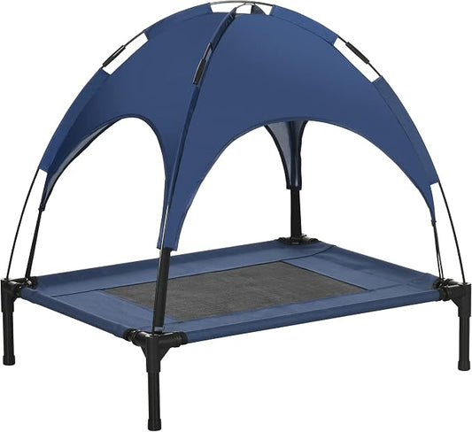 PawHut Elevated Dog Bed with Removable Canopy, Outdoor Dog Cot with UV Protection Canopy Shade, 30 inch Pet Bed for Camping, Dark Blue | Large Pet Bed, Outdoor Dog Cot, UV Protection Shade, Camping