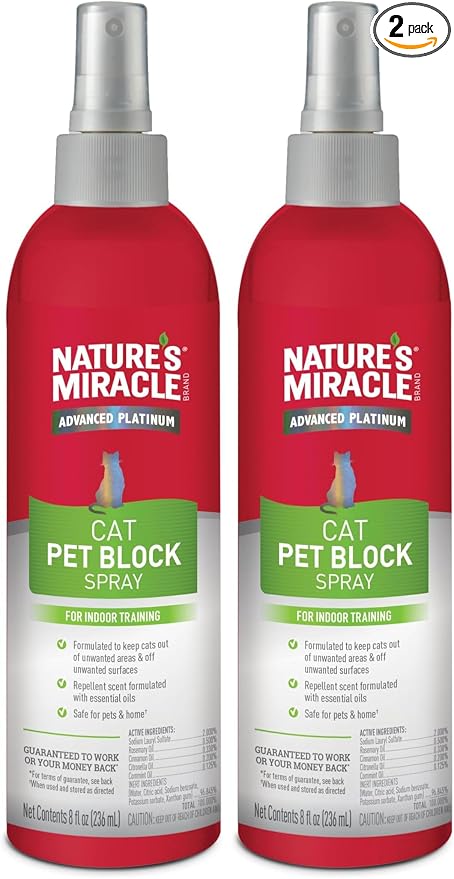Nature's Miracle Advanced Platinum Cat Pet Block Repellent Spray,8 Ounces,Indoor Training Aid for Cats,(Pack of 2)