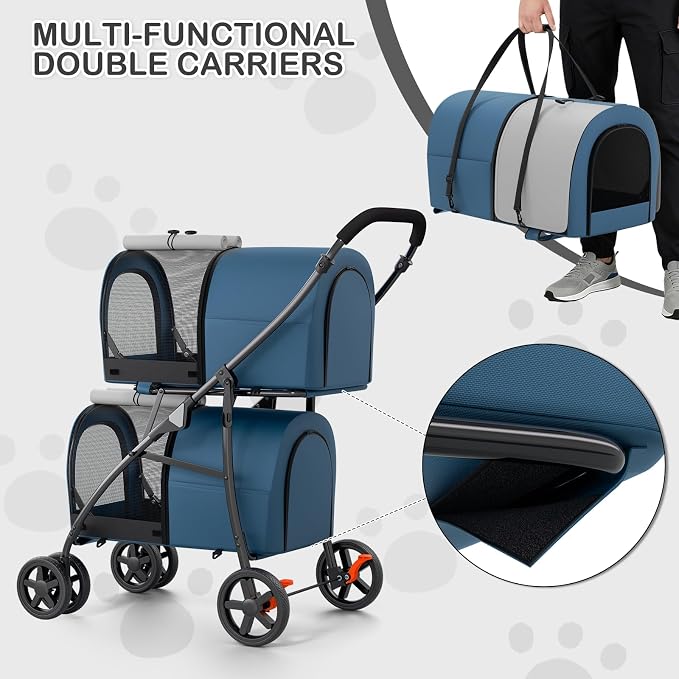 MoNiBloom Double Dog Stroller for Small and Medium Dog Cats, Navy Blue/Gray | Pet Stroller with Detachable Carrier Bags Large 4 Wheels Foldable Jogger for Small and Medium Dog Cats