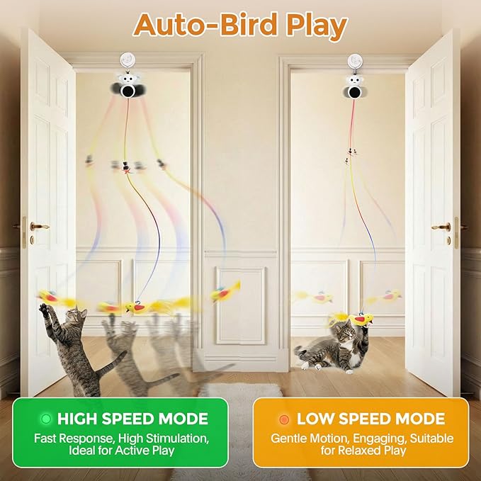 Interactive Cat Toys for Indoor Cats - 2 in 1 Automatic Cat Toy with Flying Bird，Smart Moving Wand Toy with 2 Modes, Auto On/Off Hanging Safe Toys for Bored Kitten & Adult Cats (Green)