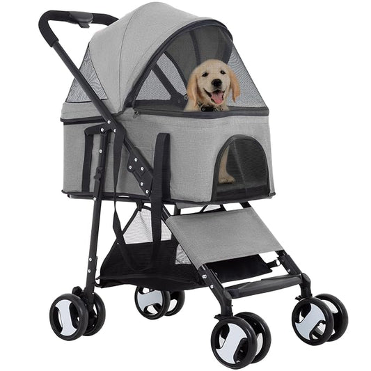 FDW 3 in 1 Multi-Function Dog Jogger with Detachable Carrier, Lightweight Travel Stroller for Small and Medium-Sized Pets (Grey, 4 Wheels)