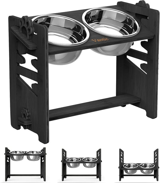 Elevated Dog Bowls, Raised Bowl Stand Adjustable Large/XLarge, Black | Bamboo Elevated Feeder with 2 Stainless Steel Bowls, Adjustable Height Stand for Large and Extra-Large Dogs