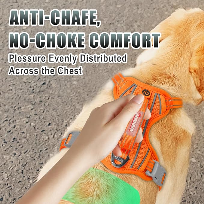 BARKBAY No Pull Dog Harness Large Reflective Dog Harness with Front Clip and Easy Control Handle for Walking Training Running with ID tag Pocket(Orange,L)