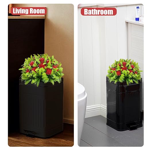 Metal Dog Poop Trash Can Outside - Small Outdoor Garbage Can with Pedal | Stainless Steel Dog Waste Container with Lid - Decorative Trash Bin (Faux Plant) - Hidden Trash Bucket - Black & Flower
