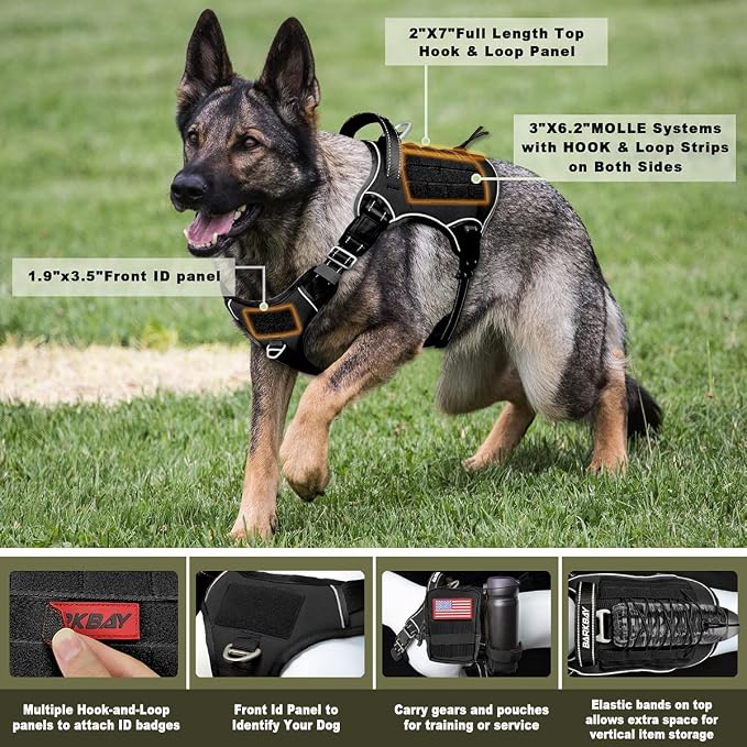 Tactical Dog Harness Large,Military Service Weighted Dog Vest Harness Working Dog MOLLE Vest with Loop Panels,No-Pull Training Harness with Leash Clips for Walking Hiking Hunting(Black,XL)