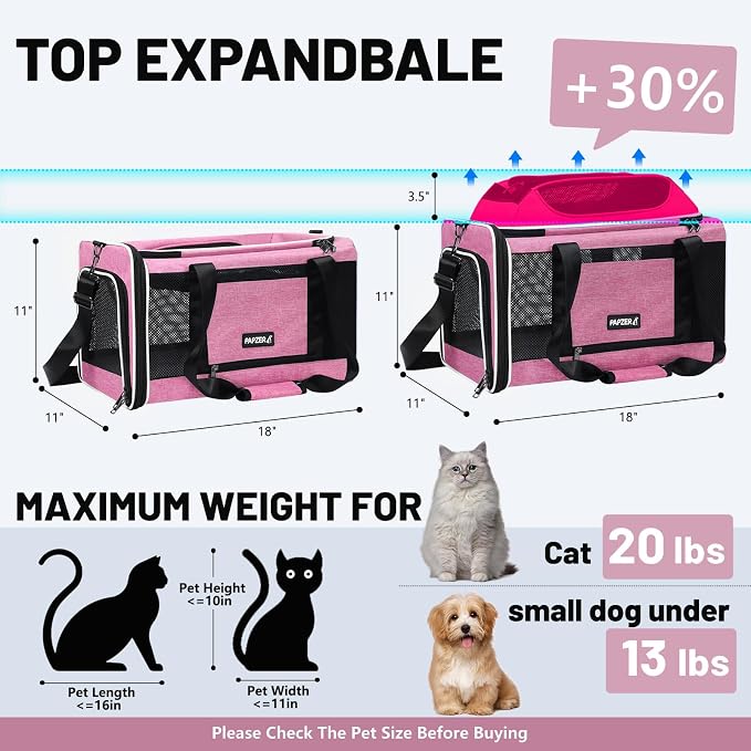 Top-Expandable Cat Carrier 18x11x11, United Delta American Airline Approved Dog Travel Carrier, Soft-Sided Pet Carry Bag Under-Seat in Cabin, Puppy Airplane Crate TSA Plane Kitten Cage Pink