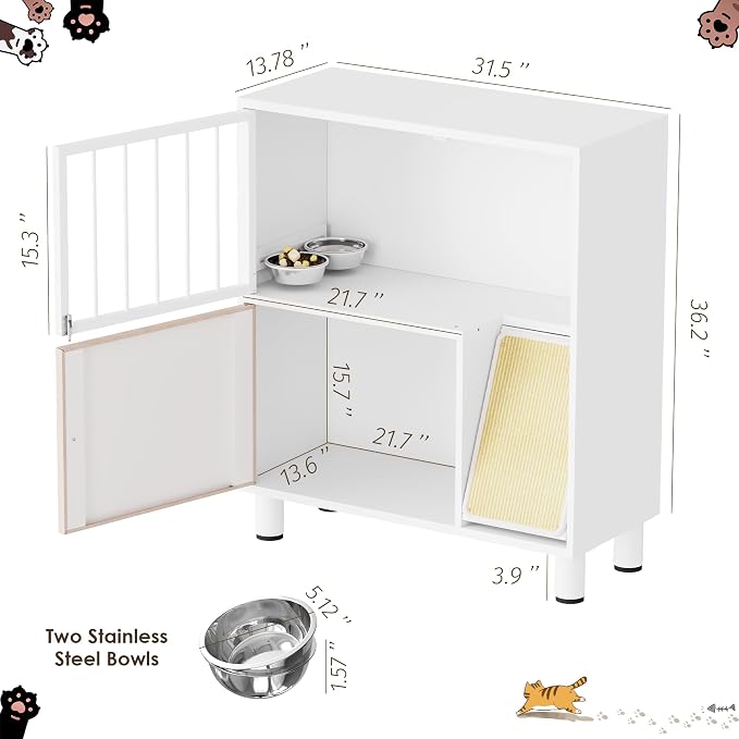 Dog Proof Cat Feeding Station, Metal Cat Feeding Cabinet, White | Elevated Cat Feeding Station, Pet Food Station with Storage, Cat Bowl Stand, Scratching Board, Stainless Steel Bowls