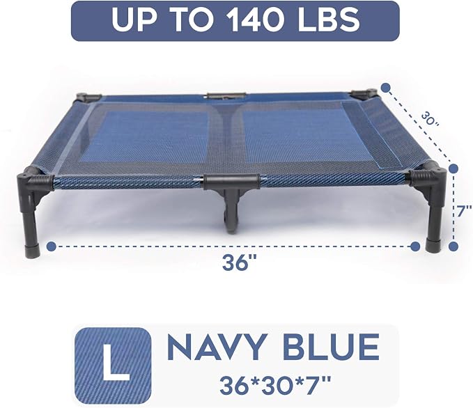 Elevated Dog Bed for Medium Dogs, Dual Support Cooling Cot with Teslin Mesh, Portable Waterproof Pet Bed for Indoor/Outdoor Use, Large, 36x30x7 Inch, Blue