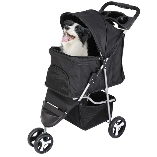 3 Wheels Dog Stroller, Pet Strolling Cart with Skylight Storage Basket Cup Holder Storage Tray, Animal Carrier for Medium Small Dogs and Cats, Easy Walk