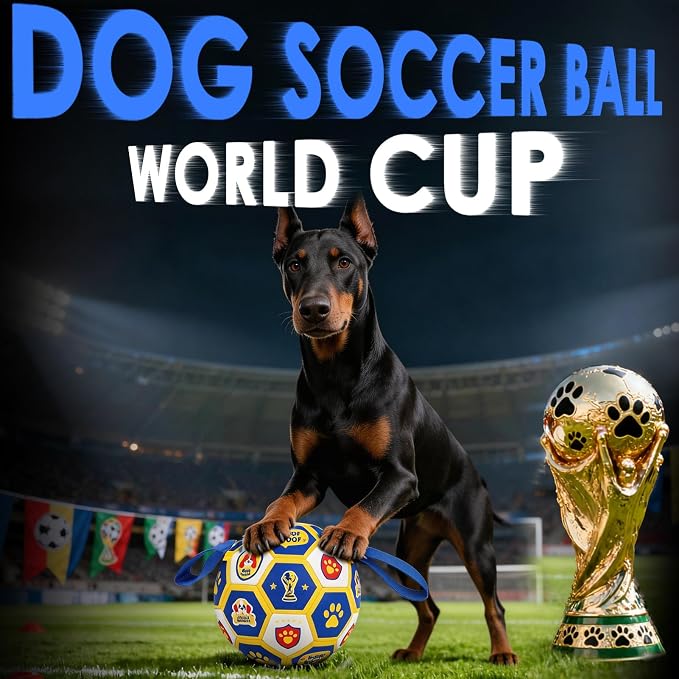 Vivifying Dog World Cup Soccer Ball Toy, 8 Inch Floatable Interactive Dog Toy for Large and Extra Large Dogs, Durable PU Enrichment Ball with Nylon Straps for Outdoor Fetch, Training & Playing