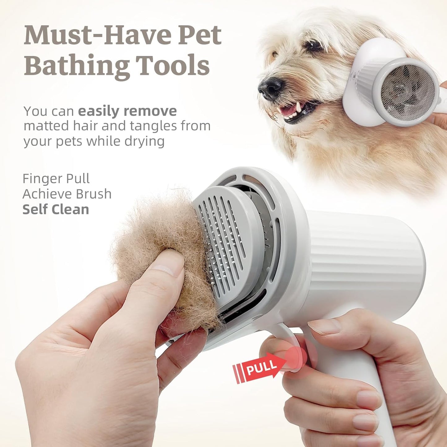 Dog Hair Dryer, Professional 2-in-1 Pet Hair Dryer & Grooming Brush with Removable Comb, Adjustable Temperature/Speed, Portable Dryer for Dogs and Cats