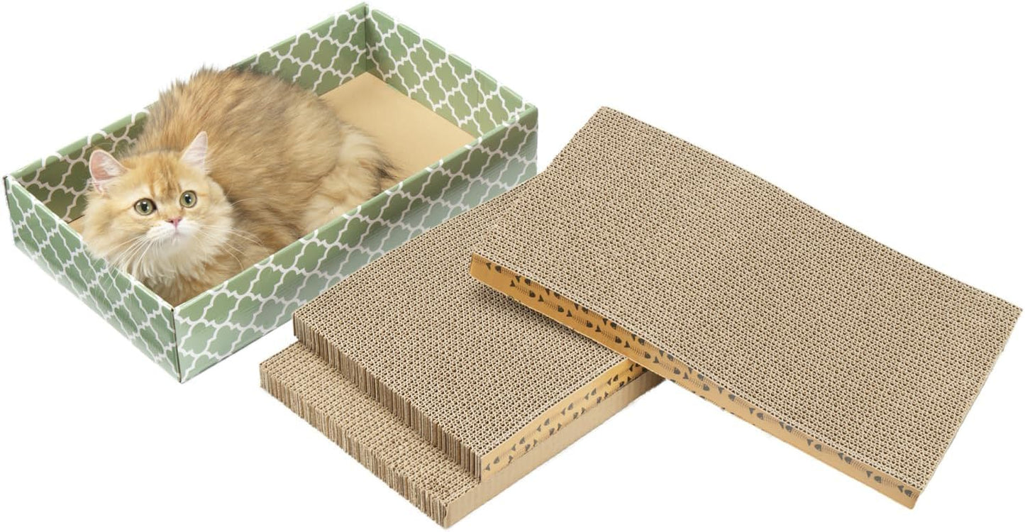 MECOOL Cat Scratching Board，3PC Scratch Pad with Box，Reversible Corrugated Scratcher Cardboard and Lounge Bed for Indoor Cats, Catnip