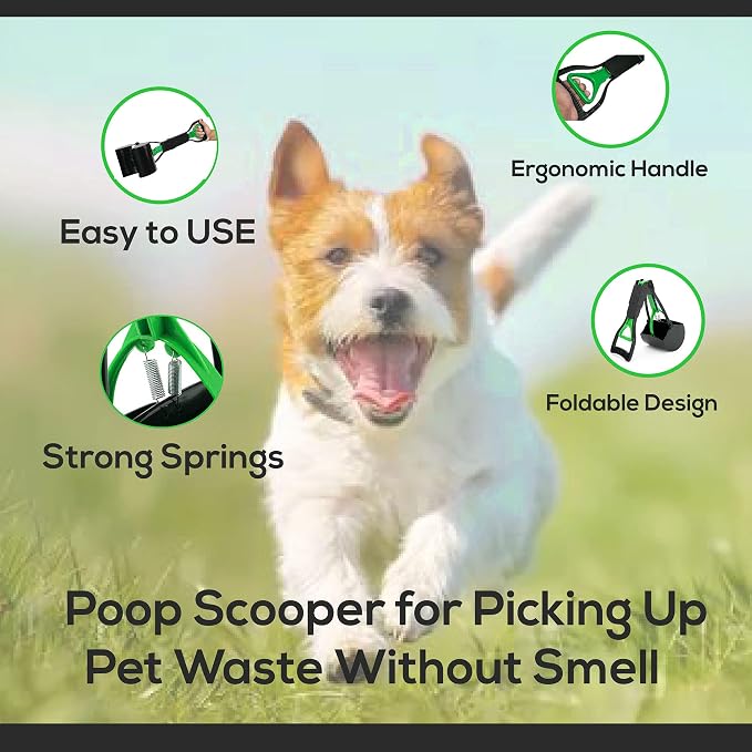 Temmel Pooper Scooper - Poop Scooper for Pet Waste Picking Up Without Smell - Dog Pooper Scooper with Foldable Long Handle – Heavy Duty Dog Poop Scoop with Jaw Claw Bin (23.62 Inches) (Green)