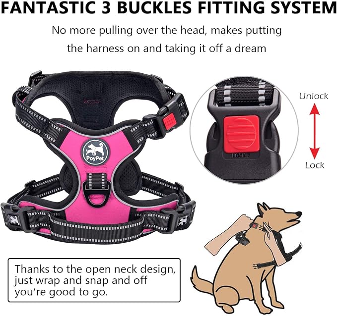 PoyPet No Pull Dog Harness Medium with Front Clip & Neck Release Buckle | No Choke, Adjustable Vest, Reflective, Back Clip, Lockable, Soft Padded, Easy Control Handle for Walking Training, M, Pink