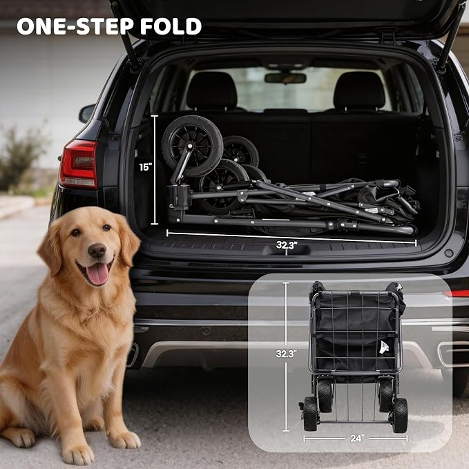 REDCAMP Folding Dog Wagon with Canopy, 110lbs Heavy Duty Pet Stroller | 17.3" Extendable Rear Ramp for 2 Medium Dogs, All-Terrain Dog Cart with Brakes & Push Handle for Senior Pet, Black