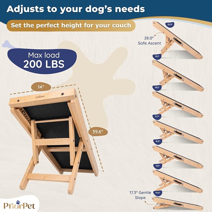 Dog Ramp for Couch – Non-Slip, Sturdy Build Foldable Wooden Dog Ramp – Supports up to 200 lbs – 7 Adjustable Heights (14"–20.5") – Enhanced Stability – Birchwood Pet Ramp for Small Dogs – Natural