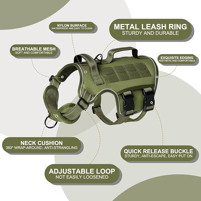 Dog Harness Medium Sized Dog, No Pull Dog Vest with Molle System | Tactical, Easy Control With Handle, Breathable Soft Padded, Adjustable, Reflective, No Choke for Walking, Green Medium