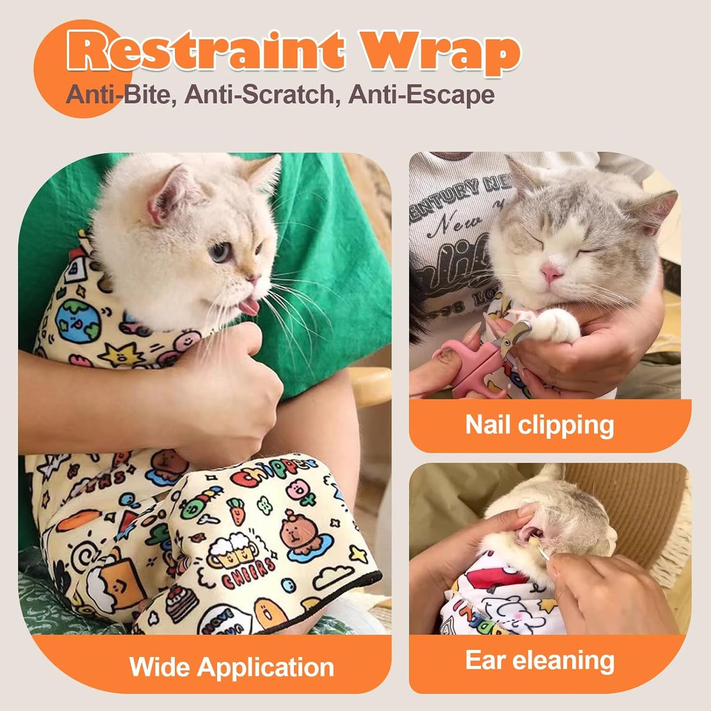 Cat Grooming Wrap, Cat Wrap Self-Adherent, Anti-Scratch Anti-Bite, Anti-Escape Grooming Bag for Cats Nail Clipping, Ear Cleaning, and Teeth Brushing (19.7 × 19.7" Cat Prints)