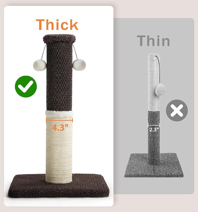 Made4Pets Tall Cat Scratching Post with Sisal & Carpet for Indoor Cats, 33" | Cat Scratcher with Wide Stable Base, Interactive Hanging Toys, Ideal for Adult Cats, Large Breeds and Full-Body Stretching