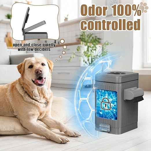 Dog Poop Trash Can for Outside & Indoor, 5L/1.3Gal Small Pet Waste Bin with Odor Control Carbon Filter Lid, 2-Way Open (Step & Press Top), Dog Waste Container with Bag Holder, Grey