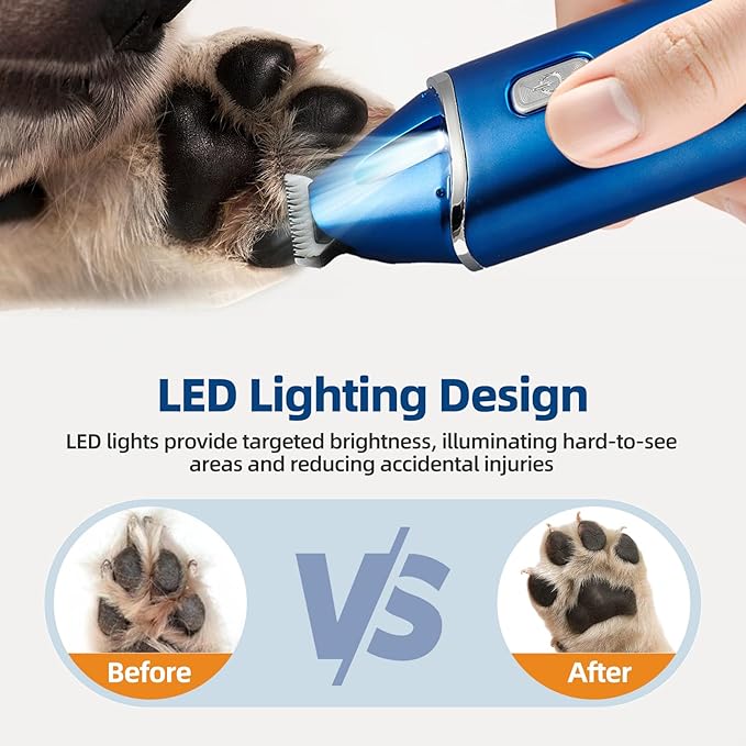 Dog Paw Trimmer, Low-Noise Dog Clippers for Grooming, 20mm-Blade Electric Pet Hair Trimmer with LED Light, Protective Cap, Rechargeable Pet Paw Grooming Clippers for Paws, Ears, Face, Jewel Blue