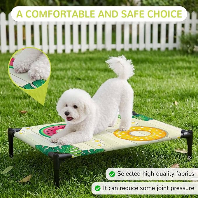 Outdoor Elevated Dog Bed for Medium Dogs, Summer Swimming Rings Breathable Cooling Raised Dog Cot for Indoor/Outdoor, Floral Plumeria Yellow Wooden Waterproof Elevated Pet Beds, M 24 x 20 in