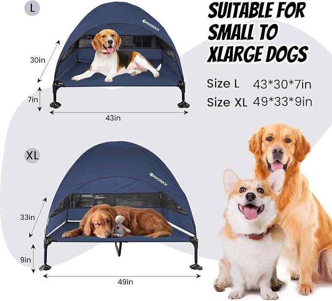 KINGROCK Elevated Dog Bed with Removable Canopy Portable Outdoor Pet Cot Waterproof 600D Oxford Fabric Anti Slip Feet for Large Dogs Camping Beach Indoor and Outdoor Use