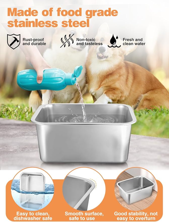 MEWTOGO 2 Gallons Large Capacity Food Grade Stainless Steel Dog Bowls | Dog Water Food Bowl, No Spilling, Durable, Easy to Clean, for Medium Large Breed Dogs Indoor Outdoor