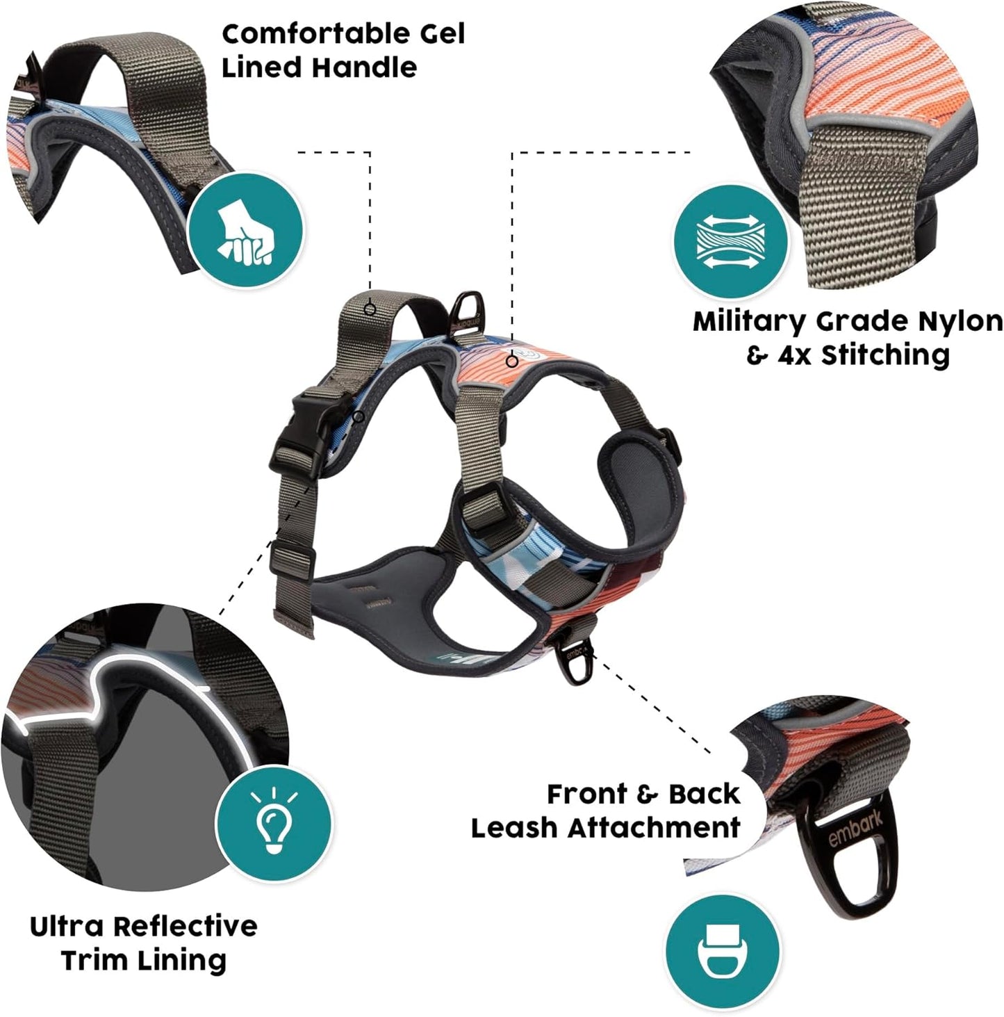 Embark Adventure Dog Harness, Reflective Trim No Pull Dog Harnesses for Small Sized Dogs - Military Grade Nylon, Front Clip with Gel Lined Handle.