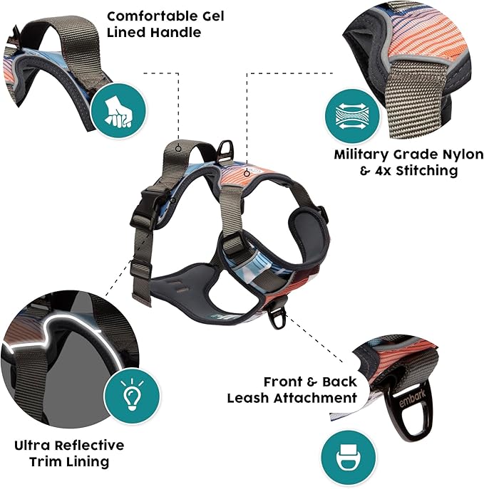 Embark No Pull Dog Harness, Reflective Adjustable Training Vest, No Choke | Adjustable straps fit all dog breeds with sturdy hooks; 360° reflective trim, soft padded Harness Design for All Dogs