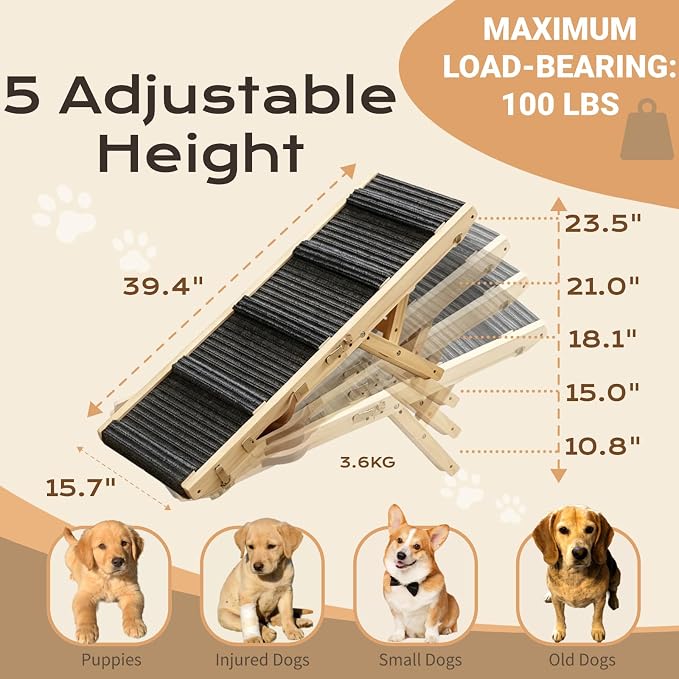 Dog Ramp for Couch, Wooden Small to Large Dog Ramp for Bed Sofa Car | 2026 Upgraded Foldable Pet Ramp, 5 Adjustable Heights (10.8"-23.5"), Portable, Wider and More Stable, Non-Slip