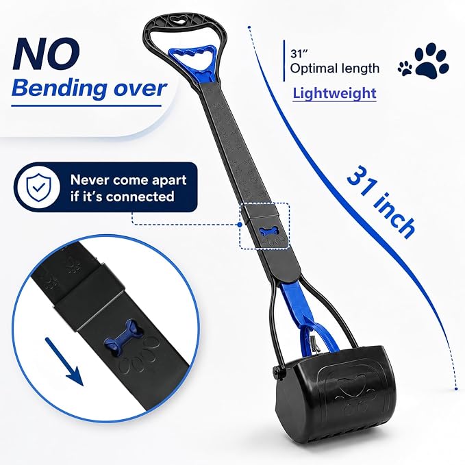 31inch Large Pooper Scooper for Dogs with Long Handle, Sturdy & Durable, Not Easy to Break, Lightweight & Easy to Use, Easy to Pick Up from Grass and Gravel | Less Bend Down, One-hand Operate Pick up for all Surface, Heavy Duty Poop Scooper for Large M...