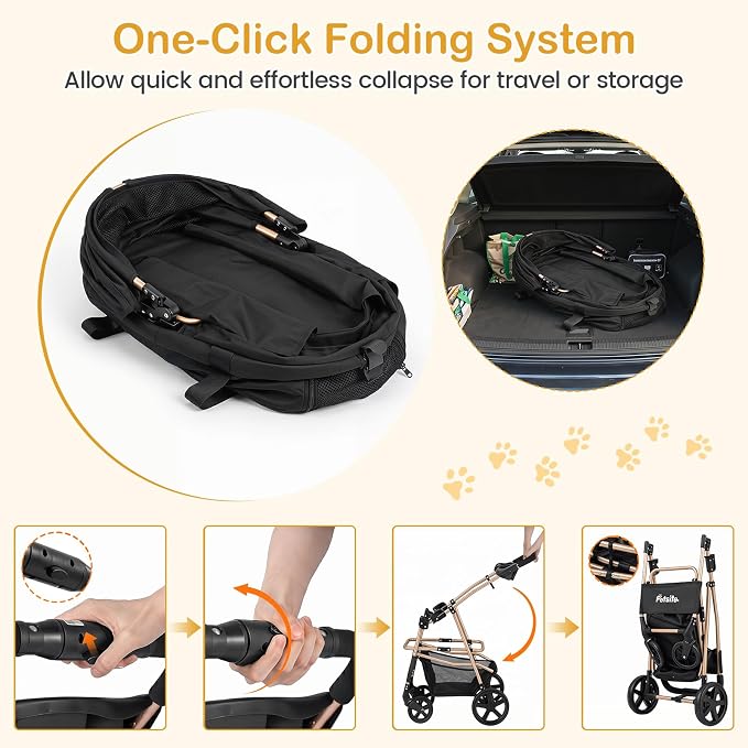 PETSITE 3-in-1 Pet Stroller for Small Medium Dogs, One-Click Foldable Dog Stroller with Detachable Carrier, Cup Holder & Storage Basket, Safety Leash, One-Step Rear Brake, Breathable Window (Black)