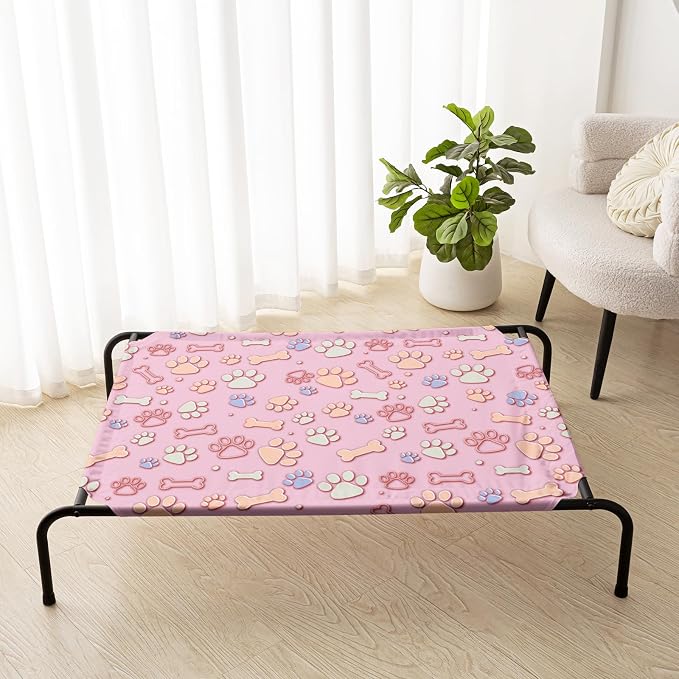QOOMO Elevated Dog Bed with Cooling Fabric, Pet Cot for Small and Big Dogs, Indoor and Outdoor Use, Joint Relief, Cute Printed Cushion Included (Pink Paw Prints, 35.43" L*25.59" W*8.27" Th)