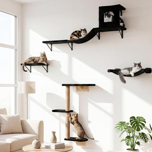 Wall Mounted Cat Furniture Set of 4 – 4 in 1 Cat Wall Shelves with Hammock, Bridge, Climbing Tree & Perch – Shelves for Large Cats, Holds Up to 30 lbs, Indoor Playground