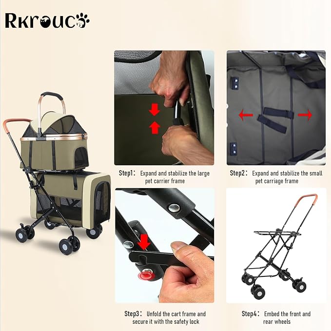Foldable Double Pets Stroller for Dog Portable Cat Strollers for Small Medium Pet with Detachable Carriers Flexible Lockable Wheels Lightweight Dogs Jogger Strolling Cart Up to 77Lbs (Brown)
