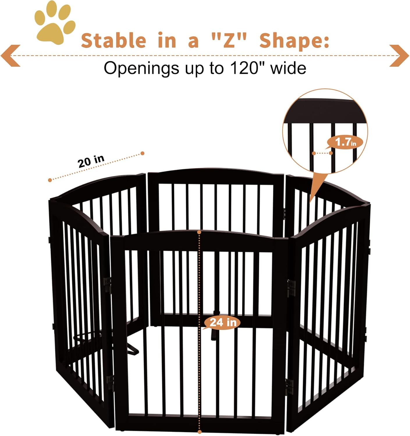 Freestanding Pet Gate for Dogs, Foldable Wooden Dog Gate for House, Extra Wide Indoor Pet Barrier for Stair, Doorway, Hall, Support Feet Included, 120 Inch Wide, 6 Panels 24", Brown