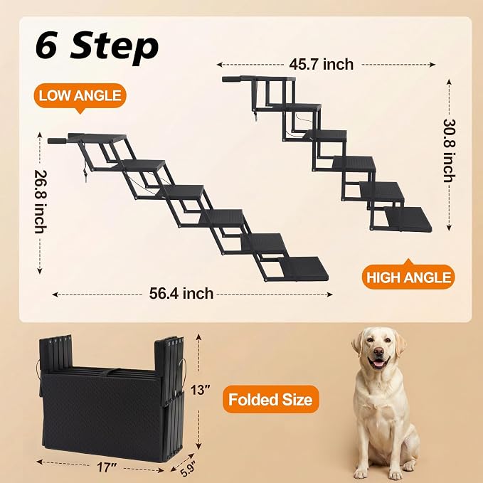 Dog Steps for Car, Truck, SUV, Dog Ramps for Cars with High Traction Surface, Portable Waterproof Dog Stairs for Large Dogs, Supports Up to 200 lbs, 6 Steps