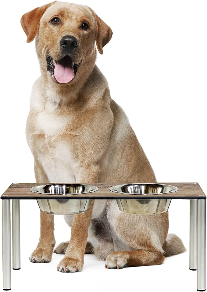 Raised Pet Bowls for Cats and Dogs, Outdoor Elevated Dog Cat Food and Water Bowls Stand Feeder on Aluminum Legs with 2 Stainless Steel Bowls Sizes for Small Medium and Large Dogs. - Large (Amaretto)