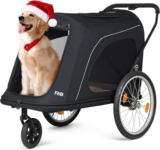 R8 Extra Large Foldable Pet Stroller, Dog Stroller & Pet Trailer for Large Dogs Under 100 lbs, Unmovable, Disabled & Pregnant Dogs - Conveniently Carriable by Bike and Car, Black