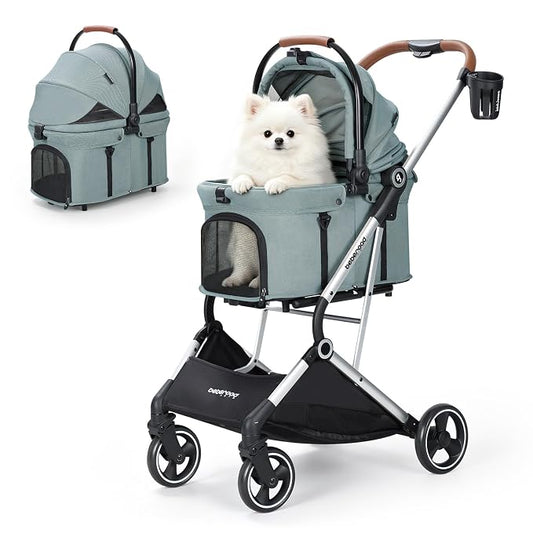 T3 Pro Small Dog Stroller (Green) | Detachable Carrier, 3-in-1 Stroller, Lightweight, Breathable Mesh Fabric, One-Button Braking, Easy to fold, Adjustment Canopy