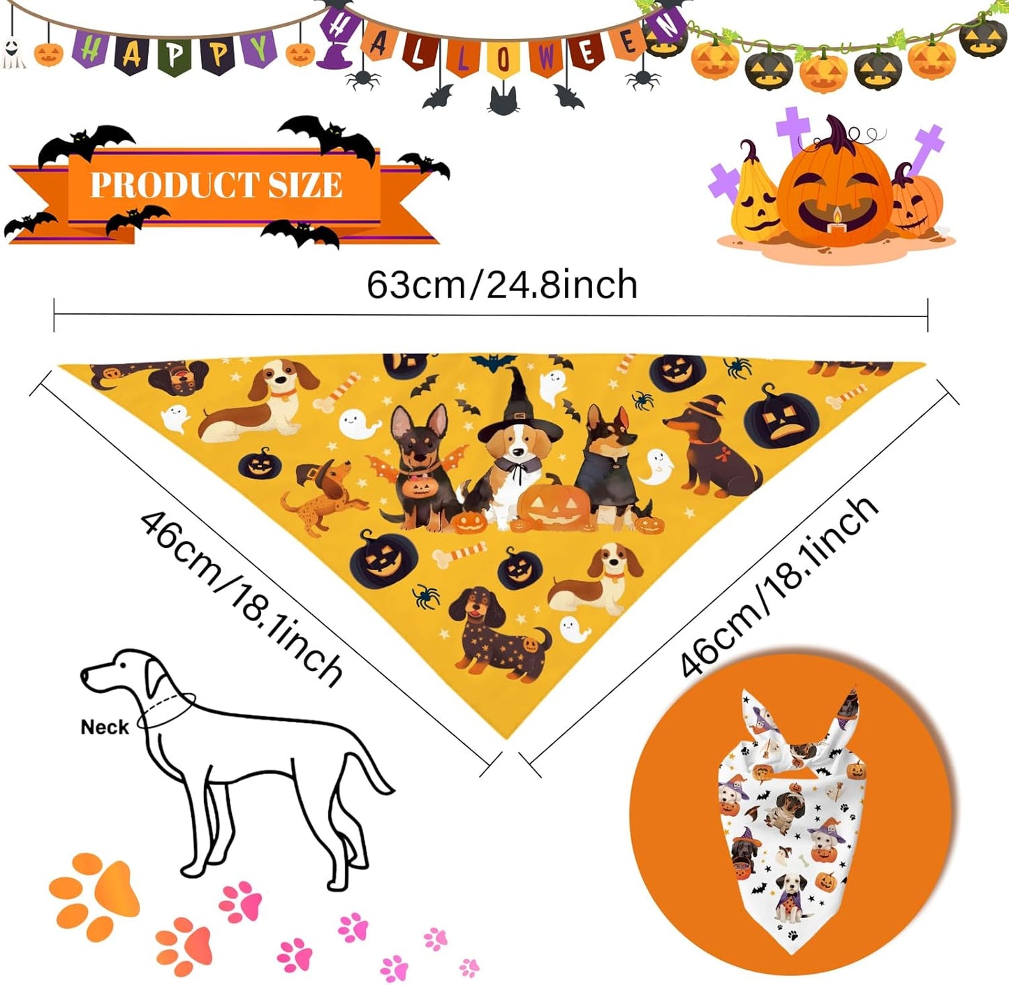 Halloween Dog Bandanas 2 Pcs, Pet Scarf for Dog Girl Boy, Spooky Triangle Puppy Scarf Kerchief Bandana Pet Dogs On Halloween, Ghost Pumpkin Bat Print Gifts for Dogs Lovers (Medium)