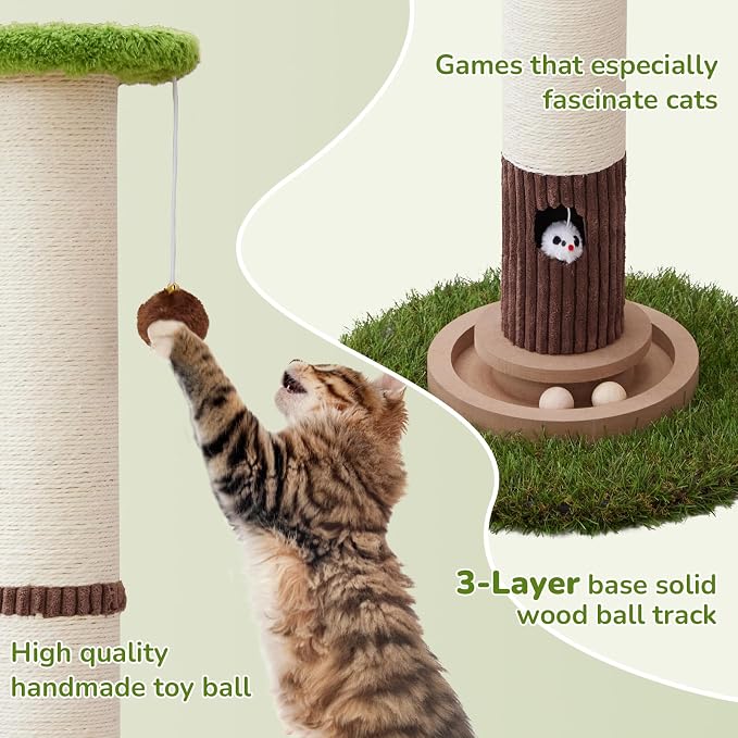Woochpet Cat Scratching Post 34 Inch Tall Heavy Duty Sisal Scratcher with Interactive Track Mouse Toy Condo Top Jingle Balls for Indoor Kittens,Green