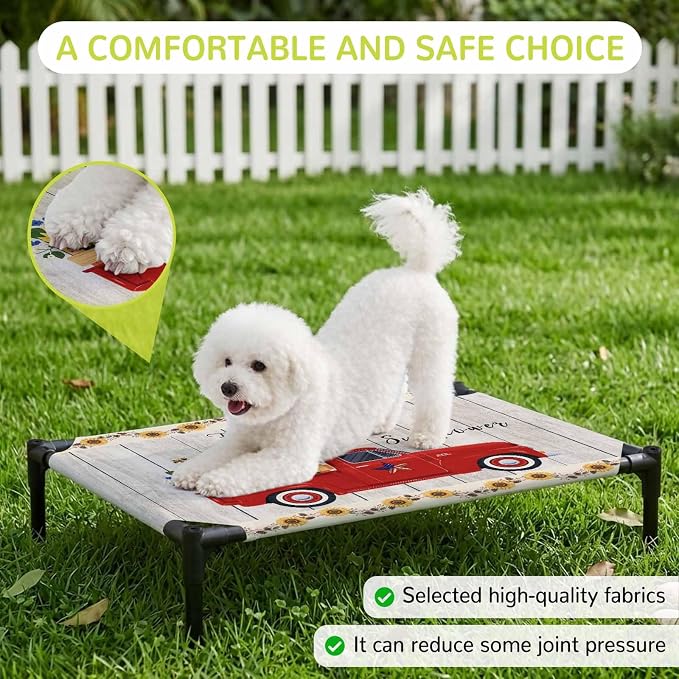 Outdoor Elevated Dog Bed for Large Dogs, Sunflowers Breathable Cooling Raised Dog Cot for Indoor/Outdoor, Country Botanical Bees Red Truck Wooden Plank Waterproof Elevated Pet Beds, L 28 x 22 in