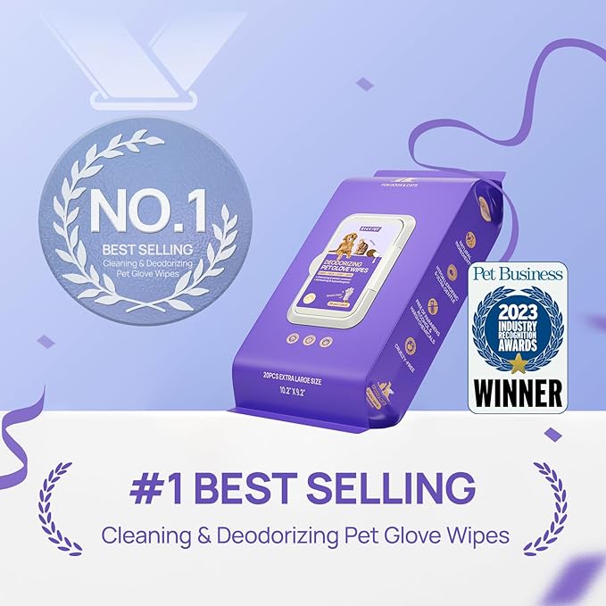 HICC PET Cleaning Deodorizing Glove Wipes for Dogs & Cats, Vet Recommended Hypoallergenic Hydrating & Nourish Fur Pet Grooming Glove Wipes, Pet Bathing Wipes for Horse Coat Care,20pcs Unscented