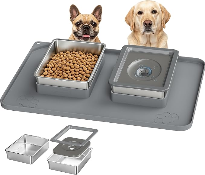 Dog Bowl Set, No Spill Dog Water and Food Bowl with Silicone Mat | Large Capacity 304 Stainless Steel Bowls, 2-In-1 Set, Slow Drinking, Anti-Slip Silicone Feeding Mat, Home/Travel, 6-7 Cups